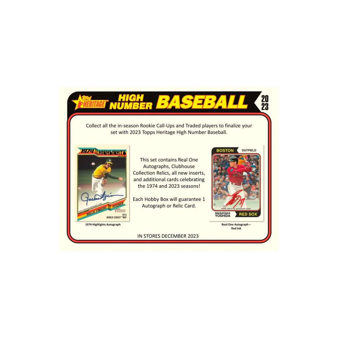 2023 Topps Heritage High Number Baseball Hobby Box Experience the thrill of opening 2023 Topps Heritage High Number Baseball Hobby Box! Get ready for incredible insert sets, exclusive retro designs, and an exciting throwback to the baseball season. Unlock exclusive hobby content and feel the nostalgia as you collect your favorite players!