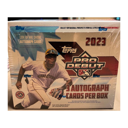 2023 Topps Pro Debut Baseball Jumbo Box Relive the legendary action of 2023 with a 2023 Topps Pro Debut Baseball Jumbo Box! Get 6 packs with 24 cards per pack and experience the dynamism of the Pro Debut series. This box is an essential addition to any baseball fan's collection! What are you waiting for? Get your box now!