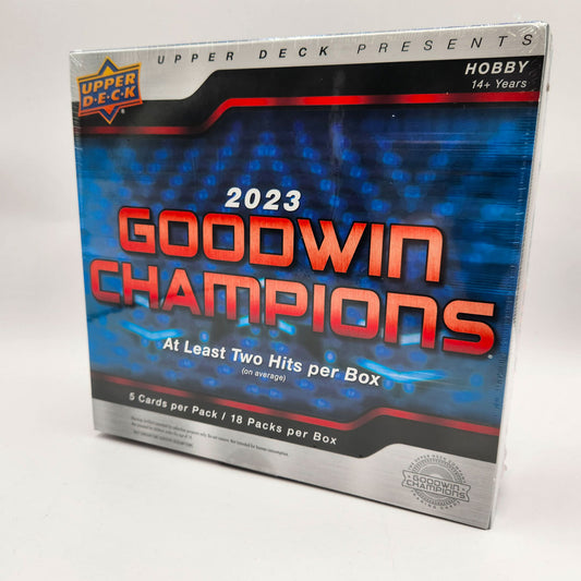 2023 Upper Deck Goodwin Champions Hobby Box Unleash your passion for collecting with the 2023 Upper Deck Goodwin Champions Hobby Box. This box features unique and rare collectibles including autographs, memorabilia, and splash of color cards. Add to your collection and experience the excitement of opening a box full of potential treasures!