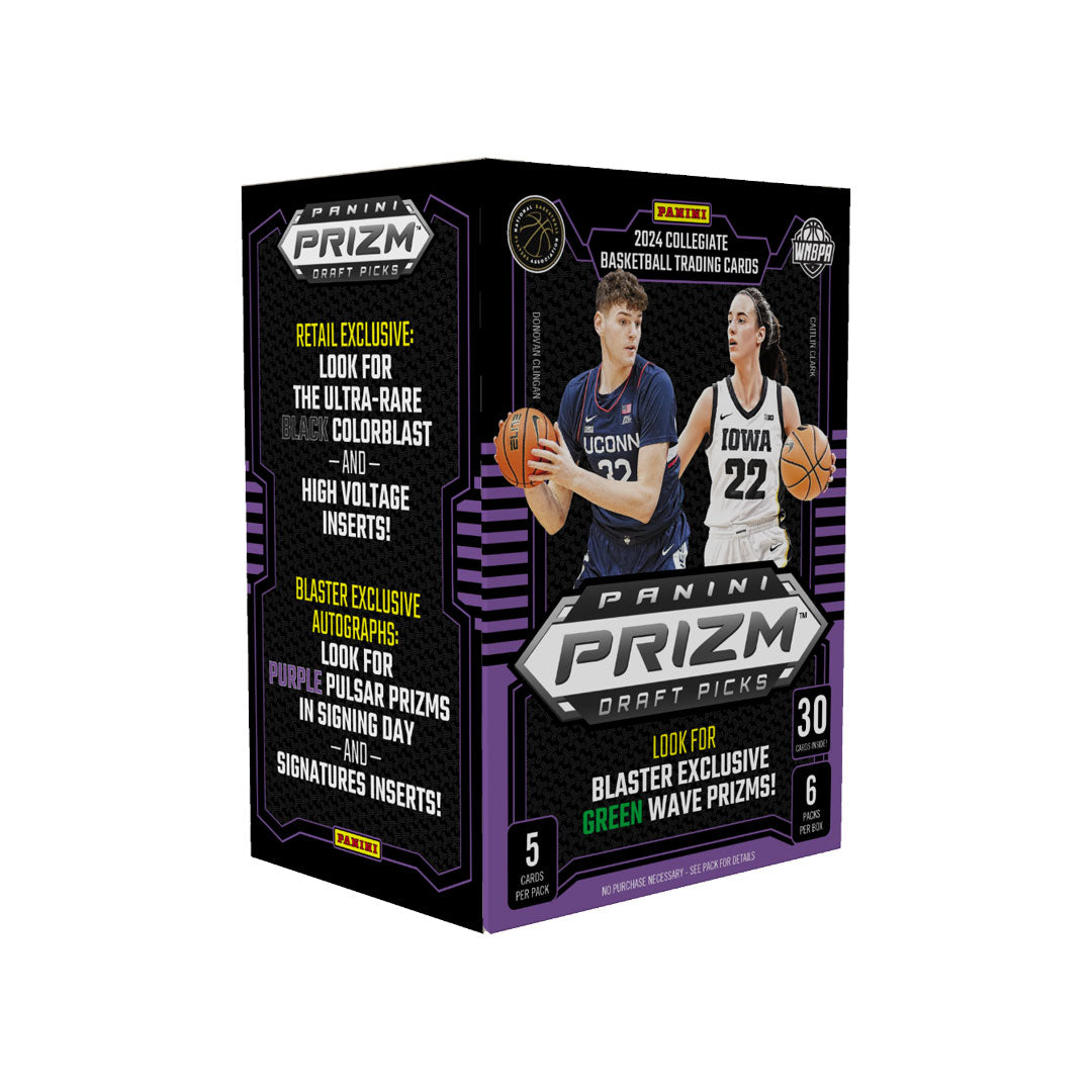 Experience the future of basketball with the 2024-25 Panini Prizm Draft Picks Collegiate Basketball Blaster Box! This box is packed with potential superstars and features the renowned Prizm technology for stunning card designs. Build your collection and fuel your love for the game with this must-have for any fan or collector.
