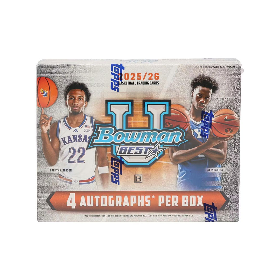 Collect the hottest college basketball prospects with the 2025-26 Bowman University Best Basketball Hobby Box. Each box delivers premium trading cards featuring top-tier athletes from major collegiate programs. Pull rare autographs, game-worn memorabilia cards, and exclusive parallel versions. Perfect for collectors seeking authentic university basketball talent before they reach the NBA. Build your collection of tomorrow's stars today.