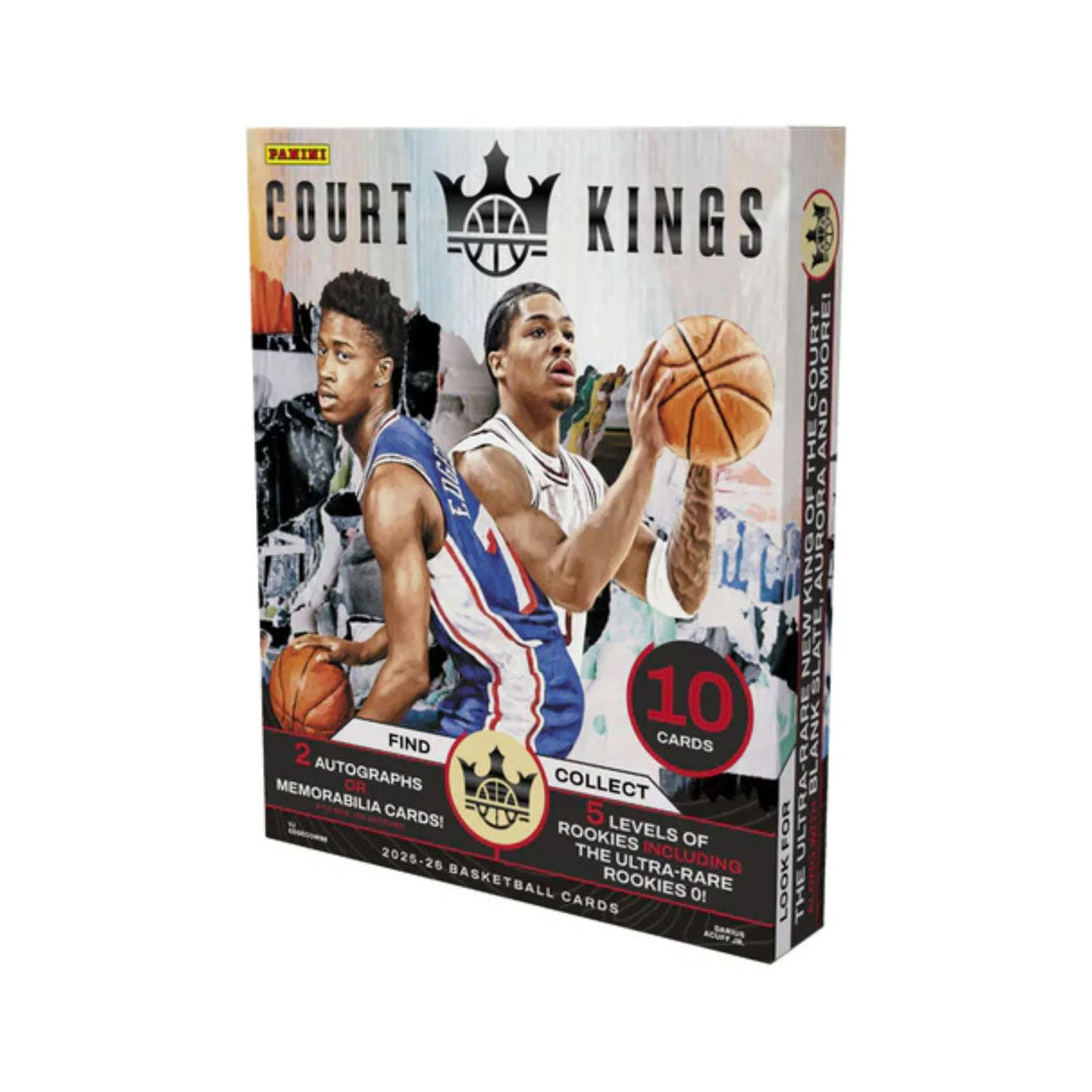 Collect premium basketball cards with the 2025-26 Panini Court Kings Hobby Box. Each box delivers multiple packs of high-end trading cards featuring the league's biggest stars with stunning artwork and rare inserts. Perfect for collectors seeking authentic memorabilia and chase cards. Build your collection with every pack.