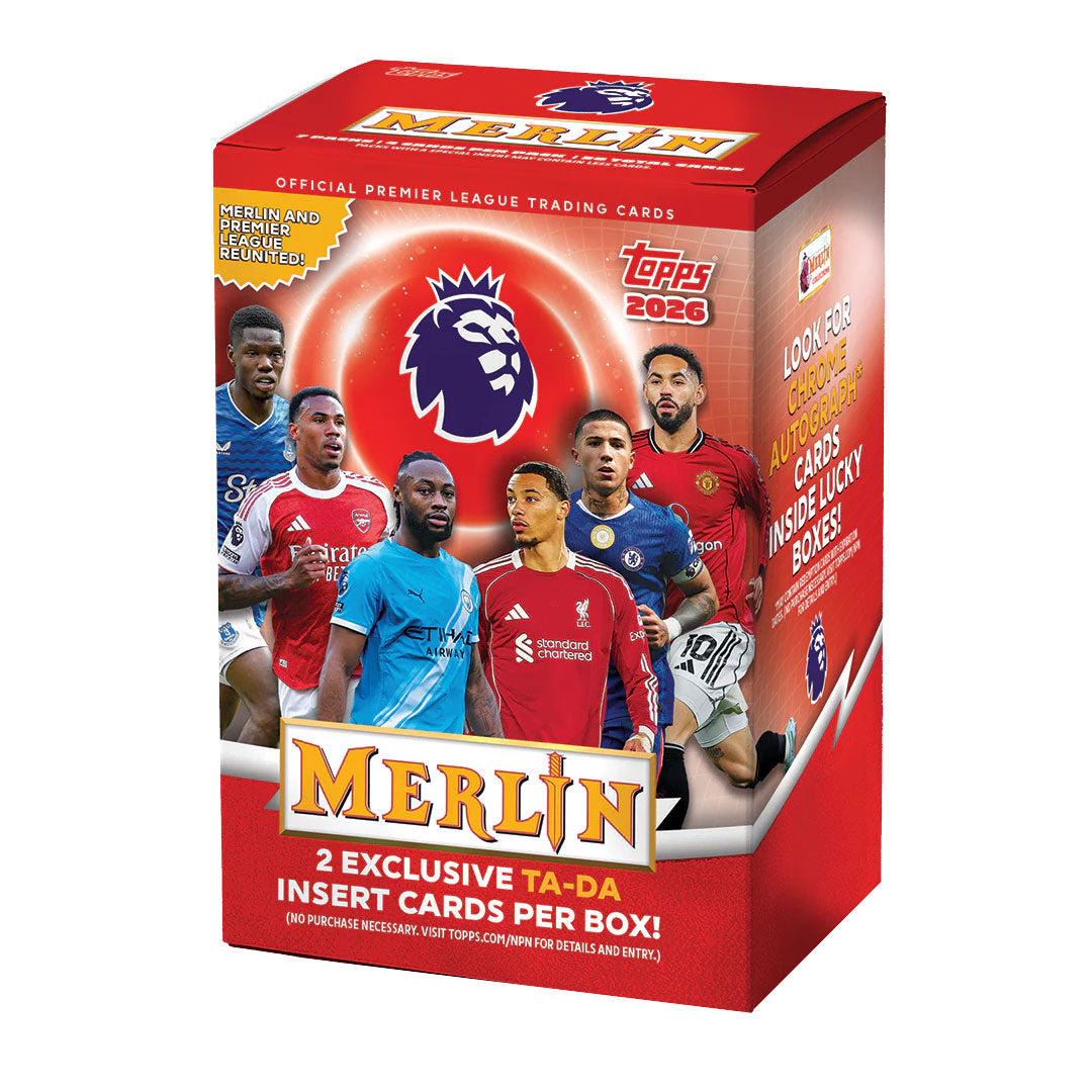 Collect the stars of English football with the 2025-26 Topps Merlin Premier League EPL Soccer Blaster Box. This premium trading card set features stunning artwork and the league's top players in their official kits. Each blaster box includes multiple packs packed with base cards, inserts, and chase cards. Perfect for collectors and fans looking to build their Premier League collection or hunt for rare autographs and memorabilia cards. Ideal for trading, displaying, or completing your set of the world's most