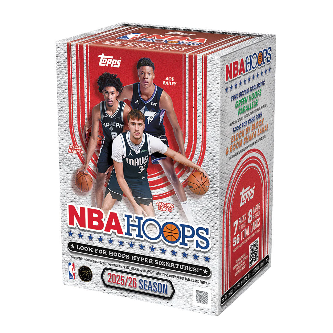 Collect the latest NBA stars with the 2025-26 Topps NBA Hoops Basketball Blaster Box. This sealed box contains multiple packs of premium trading cards featuring current season players, rookies, and legendary athletes. Each pack delivers vibrant photography, dynamic designs, and the chance to pull rare inserts and autographed cards. Perfect for collectors and fans looking to build their collection or find valuable hits. Officially licensed NBA product.