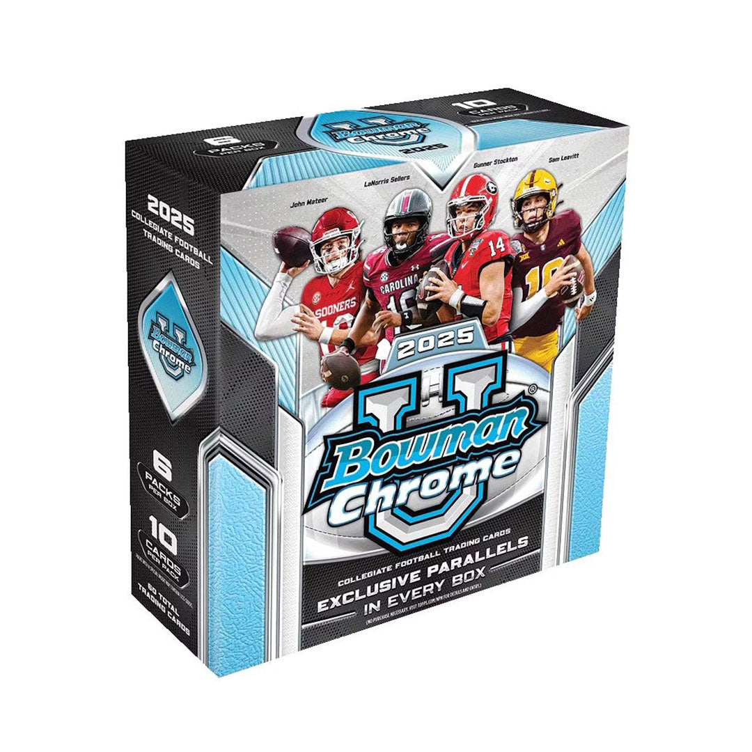 Unlock the future of college football collecting with the 2025 Bowman Chrome University Football Mega Box. This premium release delivers multiple packs of chromium-enhanced cards featuring the nation's top collegiate prospects. Each box promises rare autographs, refractors, and rookie cards of tomorrow's NFL stars. Perfect for serious collectors and fans seeking authentic memorabilia of emerging talent. Build your collection with cards that capture the excitement of elite university football before these at