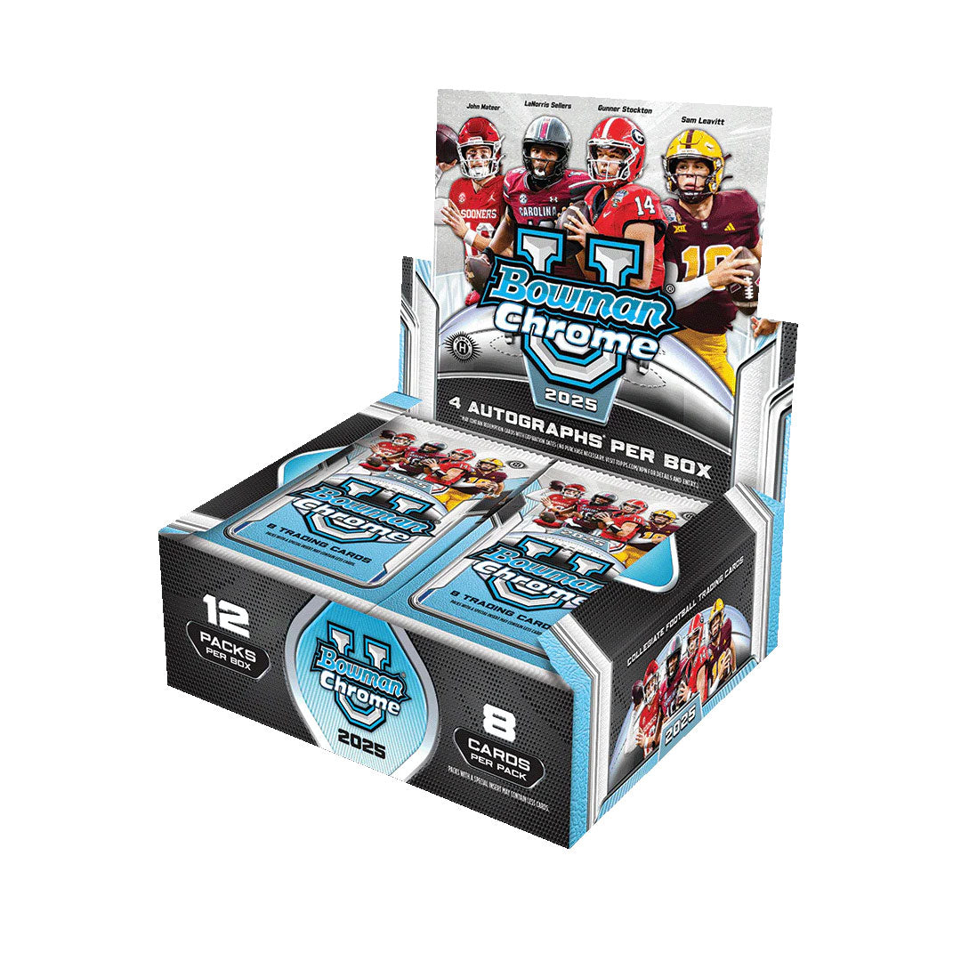 Elevate your football card collection with the 2025 Bowman University Chrome Football Hobby Jumbo Box. This premium release features stunning chrome technology that brings college football's brightest stars to life with vibrant colors and sharp detail. Each jumbo box delivers an impressive quantity of packs loaded with rookie cards, autographs, and rare parallels of top prospects heading to the NFL. Perfect for serious collectors and fans seeking authentic pieces of the next generation of football greatness