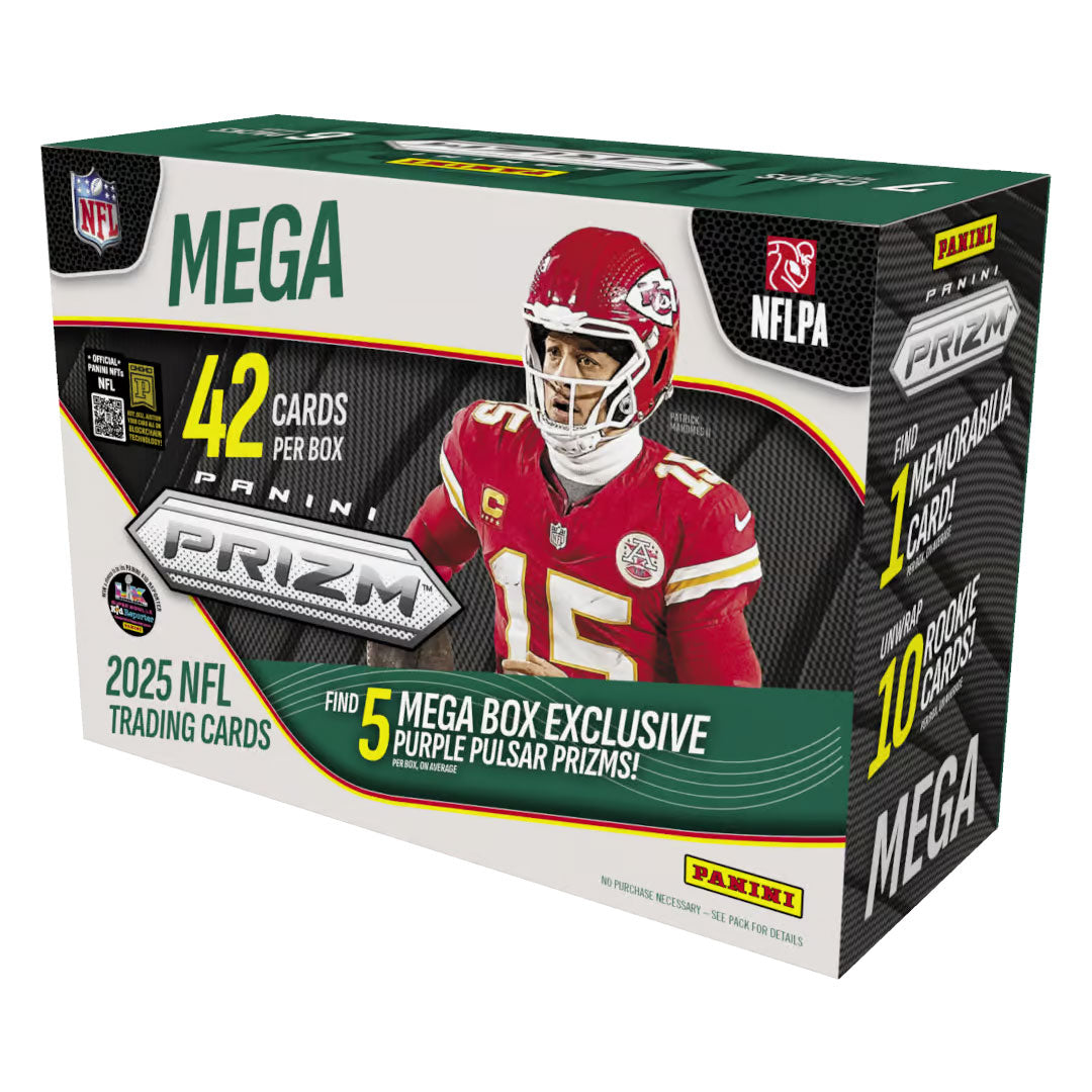 Unlock premium football card collecting with the 2025 Panini Prizm Football Hobby Mega Box. This exclusive release delivers multiple packs packed with stunning prismatic refractors, rookie sensations, and star-studded lineups from the latest NFL season. Each box promises chase cards and rare parallels that serious collectors crave. Whether you're building a championship roster or hunting for investment-grade rookies, Prizm's legendary design and production quality make every pull memorable. Elevate your col