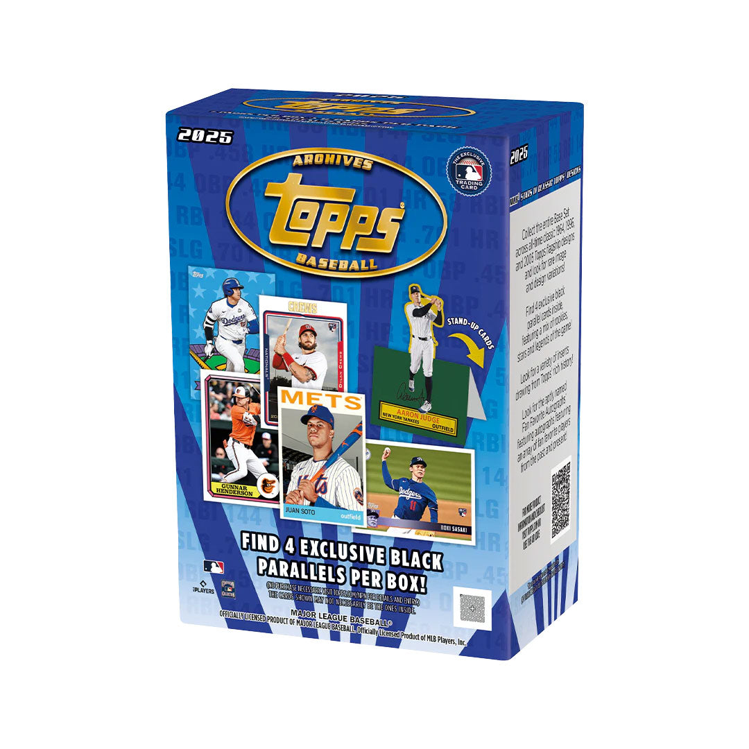 Relive baseball history with the 2025 Topps Archives Baseball Blaster Box. This premium collection features classic card designs spanning decades of the sport's greatest moments and legendary players. Each box delivers an exciting mix of vintage-inspired artwork and modern production quality that appeals to both seasoned collectors and newcomers alike. Perfect for building your collection or discovering rare finds. Experience the nostalgia and thrill of opening packs packed with potential hits and memorable