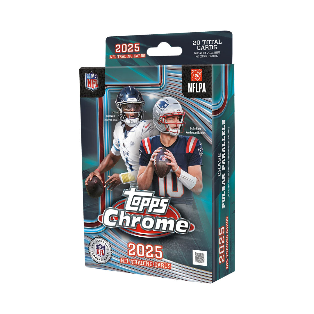 Pull premium 2025 Topps Chrome Football cards with the sleek design and modern technology collectors crave. Each hanger box delivers multiple packs of refracted chrome parallels, rookie cards, and autographed inserts. Perfect for building your collection or chasing the hottest NFL stars from the 2025 season. Chrome's distinctive aesthetic makes every pull feel special.