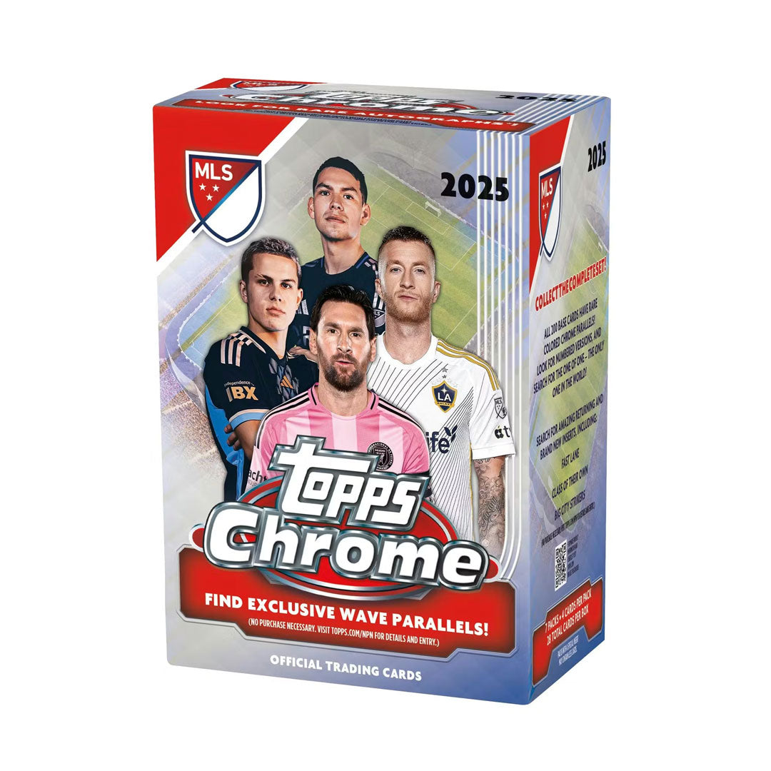 Pull premium MLS trading cards with the 2025 Topps Chrome Soccer Blaster Box. This collector-focused box delivers chrome refractor cards, autographs, and rare inserts featuring top Major League Soccer stars. Perfect for building your collection or chasing valuable pulls. Each blaster includes multiple packs of high-quality cards with modern design and vibrant finishes that showcase your favorite players in stunning detail.