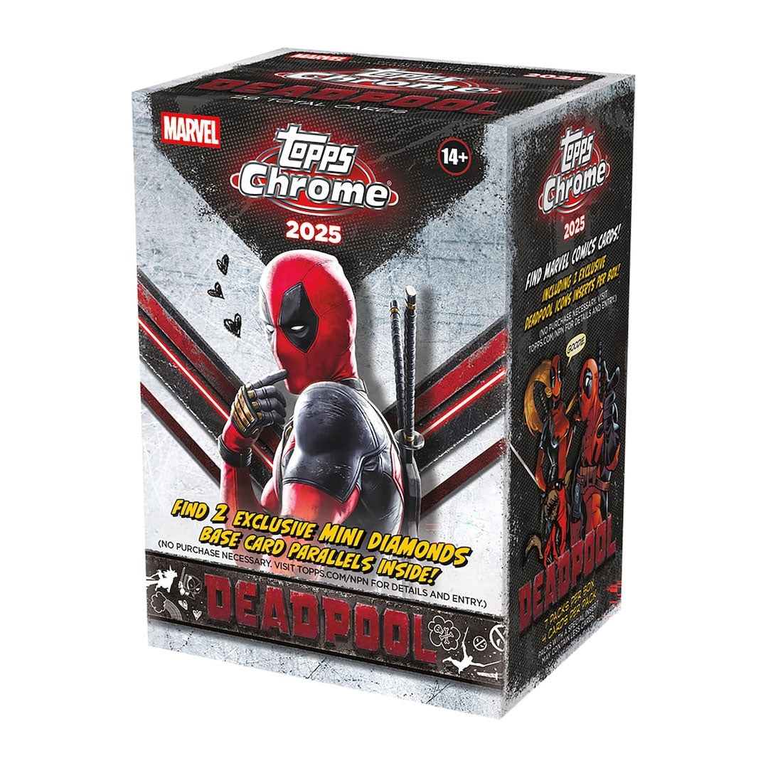 Collect iconic Marvel characters with the 2025 Topps Chrome Marvel Deadpool Blaster Box. This premium trading card set features stunning chrome technology and exclusive Deadpool artwork. Each blaster box contains multiple packs packed with rare cards, parallels, and collectible inserts. Perfect for Marvel fans and serious card collectors looking to build their collection with high-quality, visually striking cards from one of Marvel's most popular antiheroes.