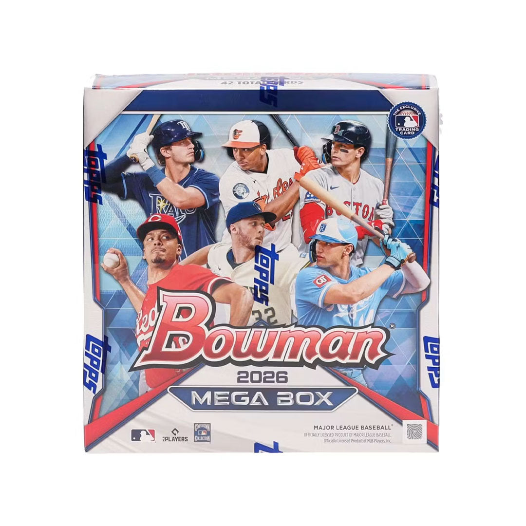 The 2026 Bowman Baseball Mega Box delivers premium trading card content for collectors and enthusiasts. Each box contains multiple packs of the latest Bowman release, featuring rookie cards, prospect autographs, and rare inserts. Perfect for building your collection or discovering the next generation of baseball stars. Sealed and ready to open.