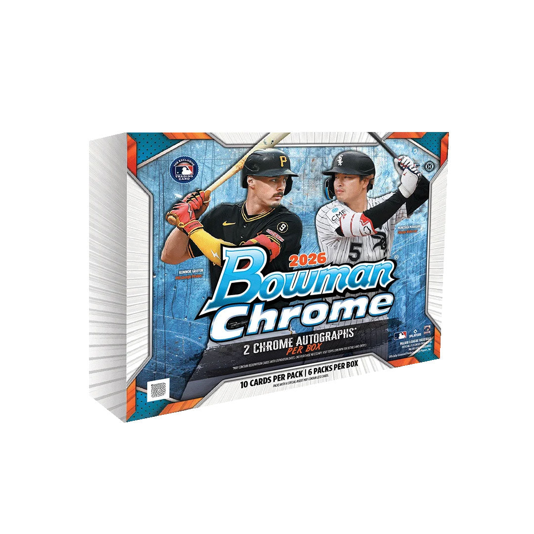 Tear into the future of baseball collecting with the 2026 Bowman Chrome Baseball Hobby Box. Each box delivers premium chromium cards featuring the game's top prospects and rookies with stunning visual clarity. Pull rare autographs, refractors, and serial-numbered parallels from an elite prospect roster. Perfect for collectors seeking high-end pulls and investment-grade cards. Limited print run ensures scarcity and collector value.