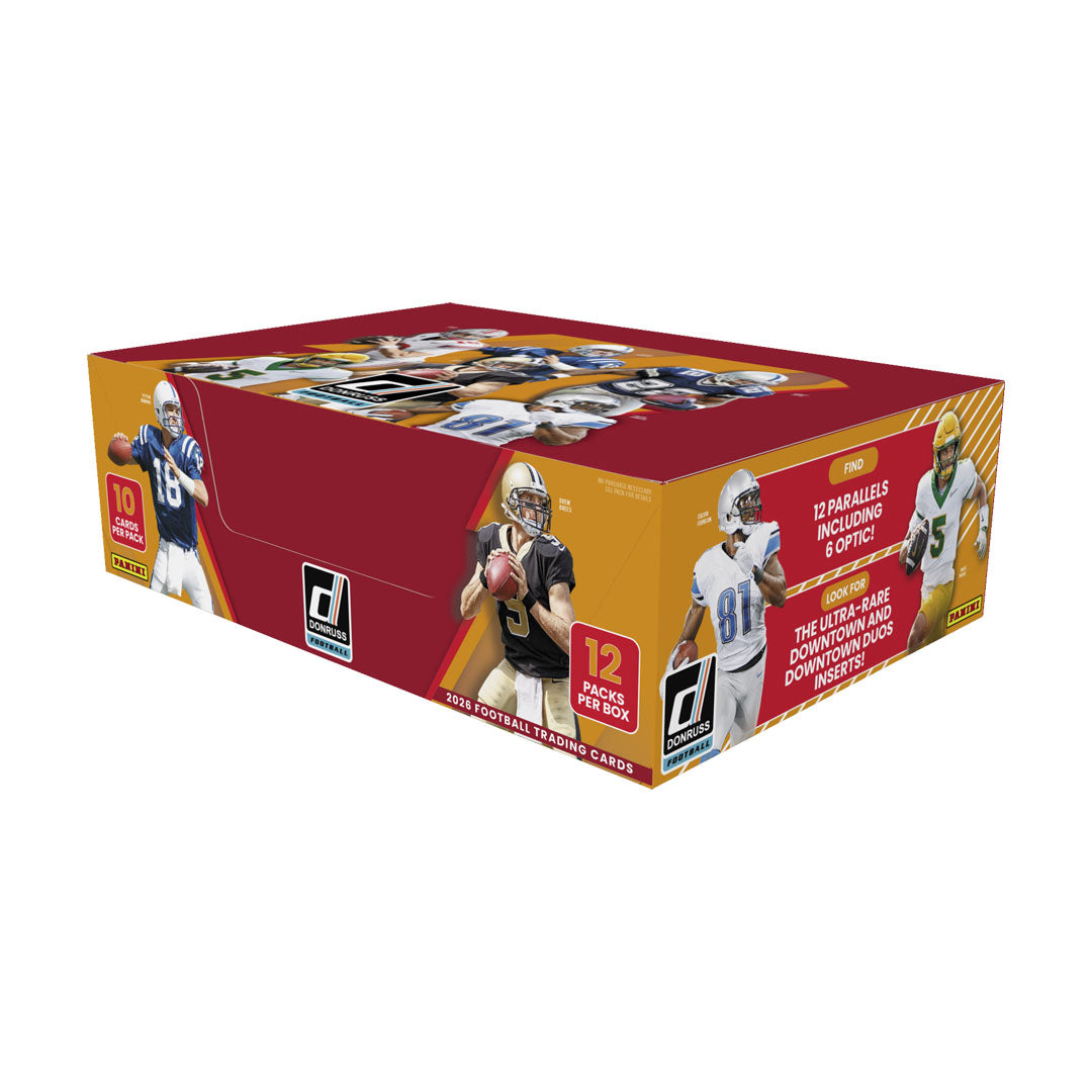 Experience the thrill of the 2026 NFL season with the Panini Donruss Football Hobby Box. Each box delivers premium trading cards featuring the league's top players, with guaranteed hits and rookie sensations. Perfect for collectors seeking authentic memorabilia and valuable cards. Build your collection with sealed packs, insert cards, and chase the rare parallels that make Donruss a collector favorite.