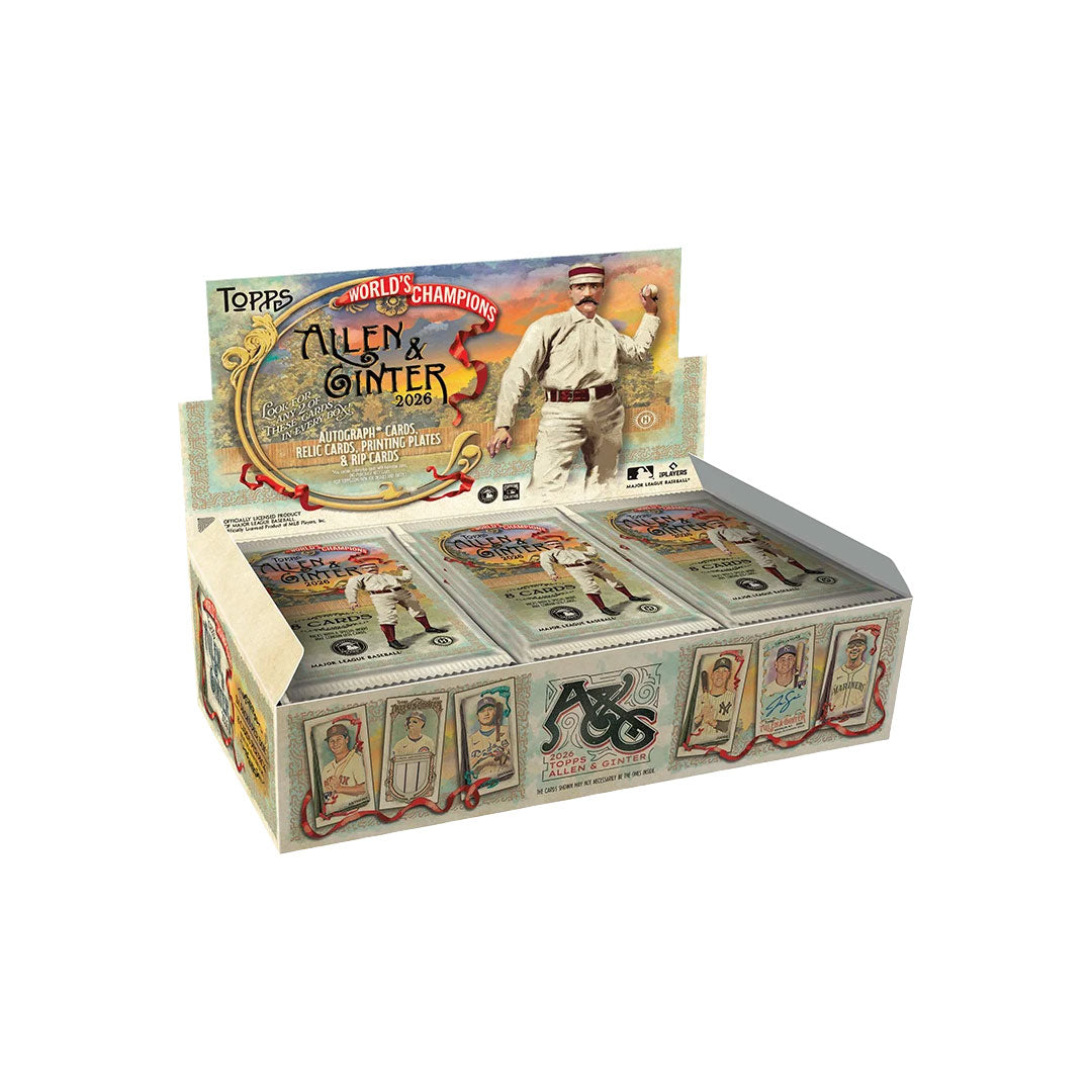 Collect the hottest 2026 baseball rookies and stars with this premium Topps Allen and Ginter Hobby Box. Each box delivers multiple packs packed with artistic base cards, rare parallels, and chase cards featuring today's biggest names. Allen and Ginter's signature vintage-inspired design brings classic collecting appeal to modern players. Perfect for serious hobbyists and set builders looking to pull autographs and memorabilia cards. Build your collection with one of baseball's most sought-after products of
