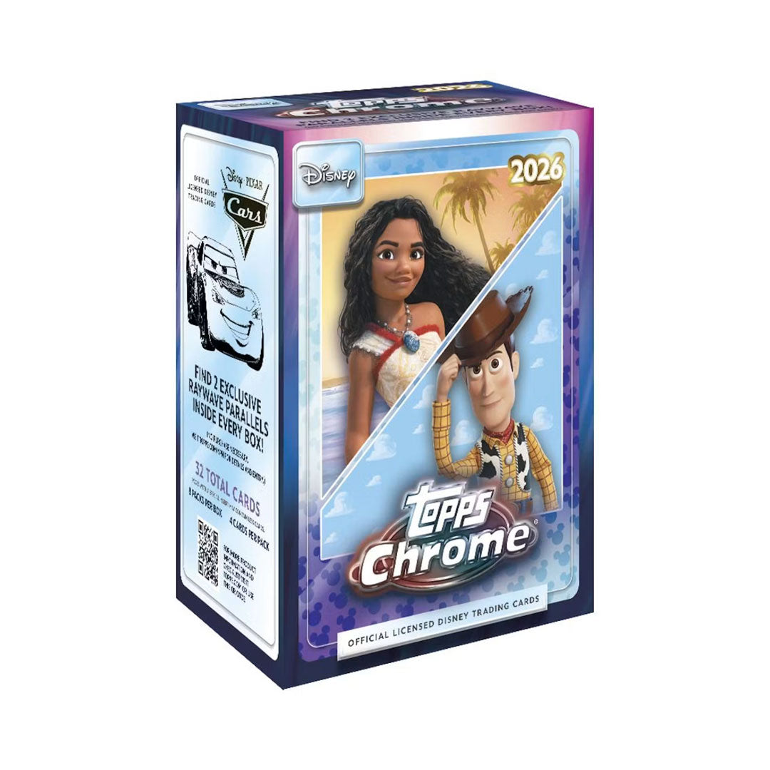 Collect the magic of Disney with the 2026 Topps Chrome Disney Blaster Box. This premium trading card set features stunning chrome refractor technology showcasing your favorite Disney characters and moments. Each blaster box includes multiple packs packed with rare inserts, parallels, and collectible cards. Perfect for Disney fans and card collectors alike, this release combines the beloved Disney universe with Topps' signature chrome design. Build your collection with cards that capture the enchantment of D
