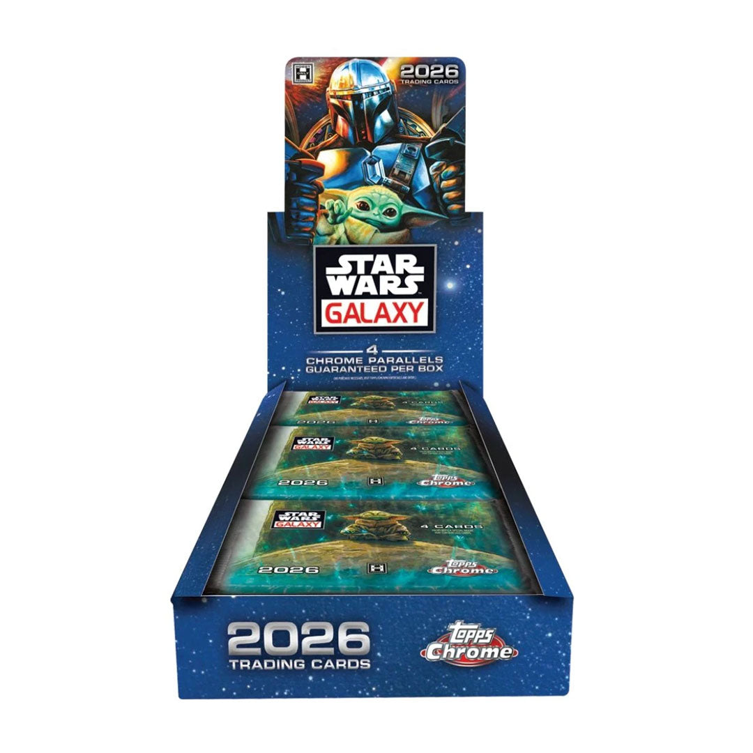 Collect the galaxy's most iconic moments with the 2026 Topps Star Wars Chrome Galaxy Hobby Box. This premium trading card set features stunning chrome technology that brings your favorite characters and scenes to life with vibrant, eye-catching finishes. Each box delivers multiple packs packed with rare inserts, autographs, and limited-edition parallels that serious collectors crave. Perfect for Star Wars fans and card enthusiasts alike, this hobby box offers the thrill of the hunt with every pack. Build yo