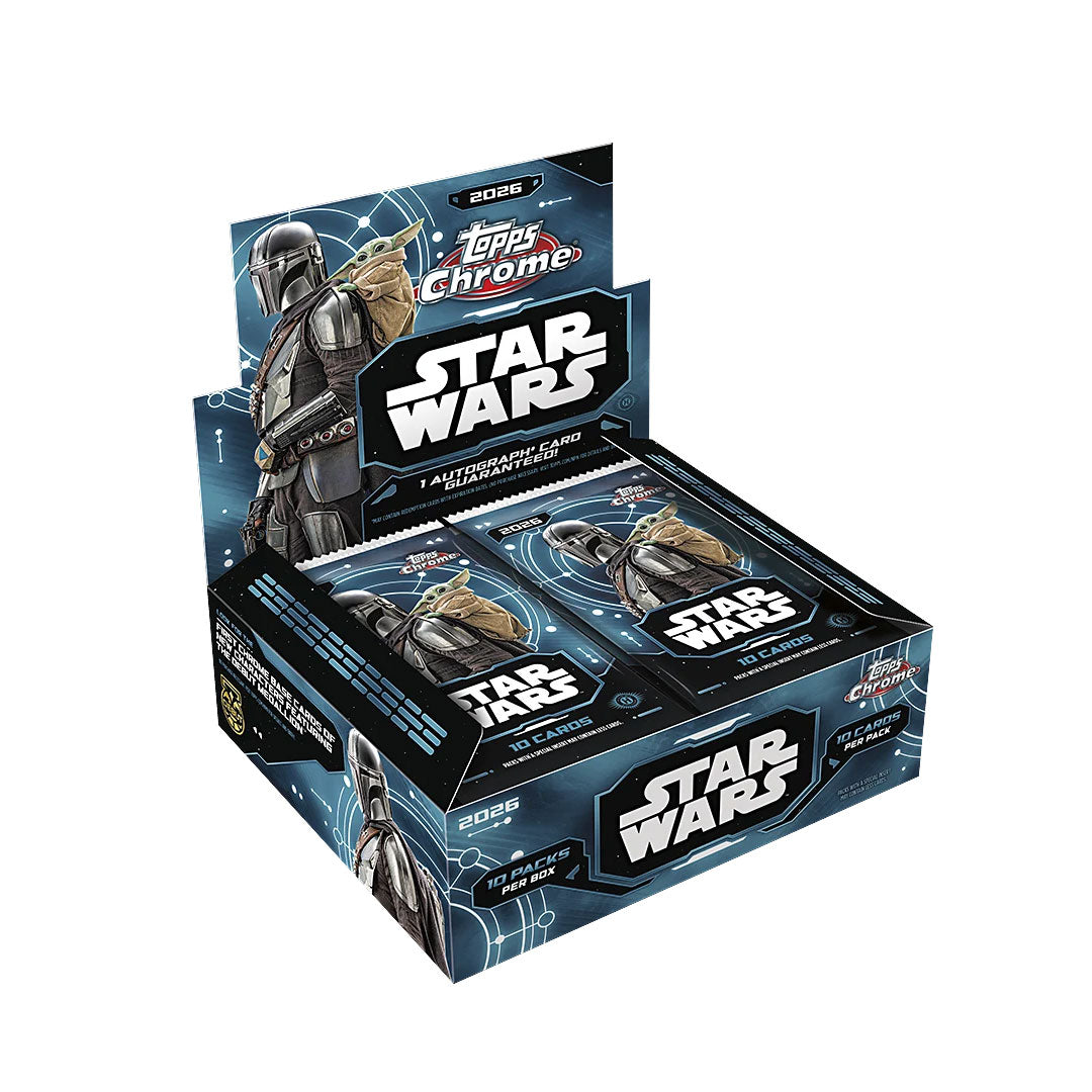 Collect premium Star Wars trading cards with the 2026 Topps Chrome Hobby Box. This exclusive release features chromium technology that brings iconic characters and scenes to life with stunning visual depth and clarity. Each box contains multiple packs with chances to pull rare autographs, relics, and limited-edition chase cards. Perfect for collectors seeking high-end Star Wars memorabilia with modern card technology and design. A must-have for both longtime enthusiasts and new fans of the galaxy far, far a
