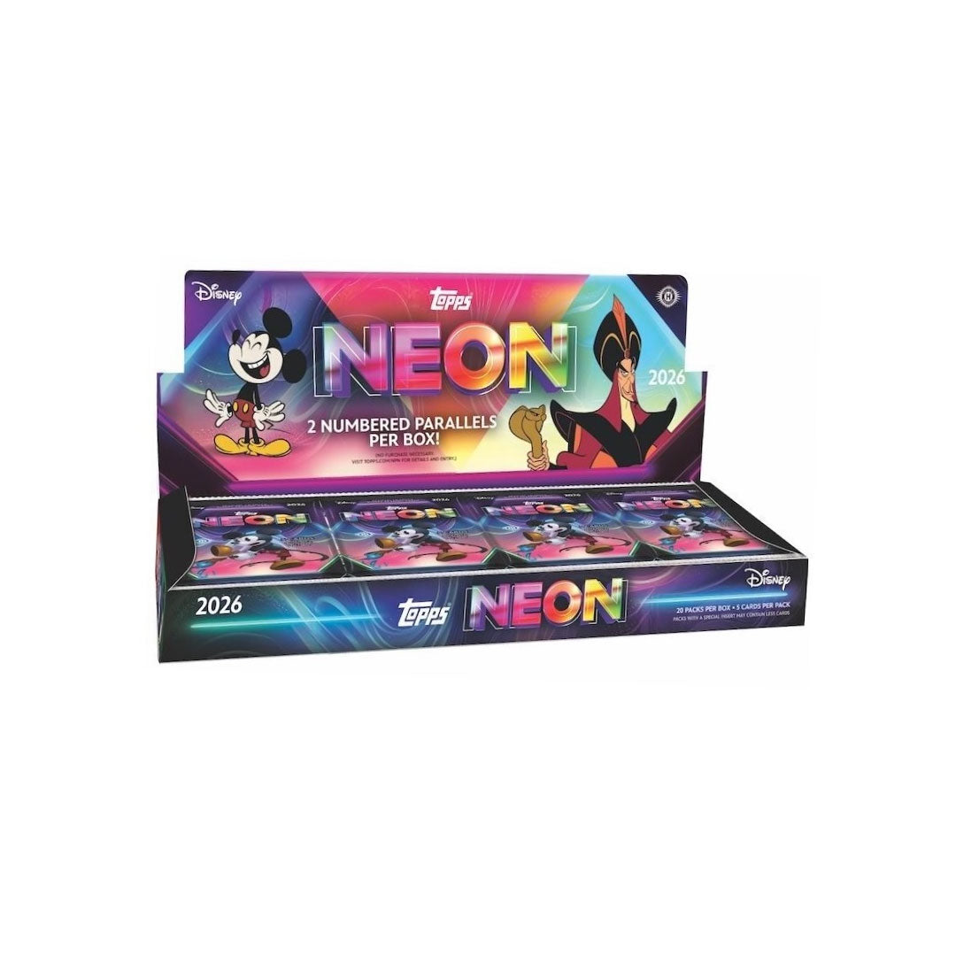 Collect the magic of Disney with the 2026 Topps Disney Neon Hobby Box. This premium trading card set features vibrant neon-themed designs showcasing your favorite Disney characters and iconic moments. Each hobby box delivers multiple packs packed with rare cards, autographs, and special inserts. Perfect for collectors and Disney fans alike, this limited release combines the nostalgia of classic characters with modern card collecting excitement. Build your collection and chase exclusive hits today.