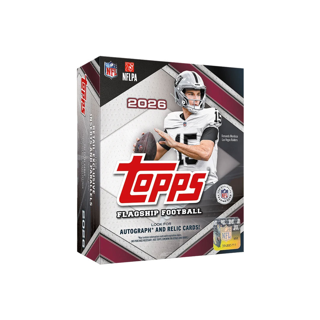Collect the biggest hits from the 2026 Topps Flagship Football set with this premium Mega Box. Each box contains multiple packs loaded with base cards, inserts, and chase cards featuring the league's top players. Perfect for collectors and fans looking to build their collections or hunt for rare parallels and autographs. Topps Flagship delivers the classic design and quality that collectors trust year after year.