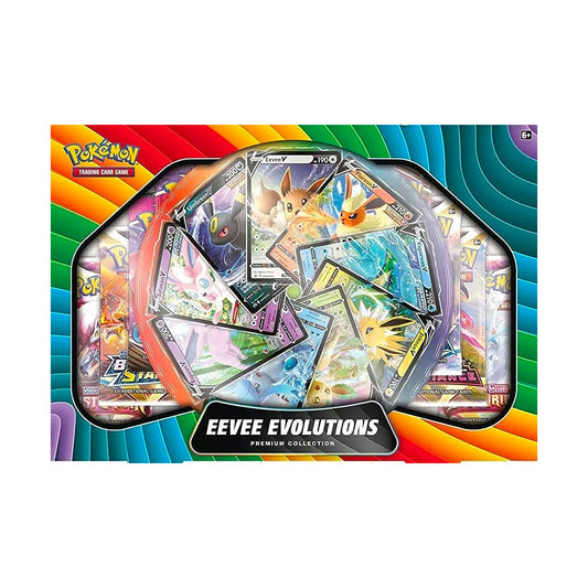 Pokemon Eevee Evolutions Premium Collection Box Unleash your inner Pokémon master with the Eevee Evolutions Premium Collection Box! With 8 Pokémon TCG booster packs, a shiny Eevee-GX figure, four collector’s pins, and a code card for the Pokémon Trading Card Game Online, you'll be ready to take on any challenge! Prepare to be the ultimate champion!
