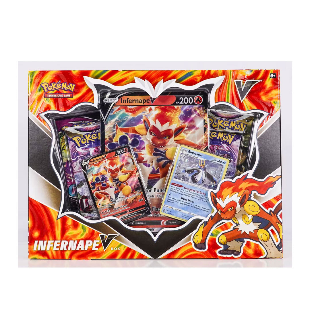 Unleash the fiery power of Pokemon Infernape V! This epic collection box includes a powerful Infernape V card, as well as four booster packs to enhance your deck. With fierce attacks and unbeatable abilities, Infernape V is a must-have for any Pokemon trainer. Catch them all and dominate the battle!