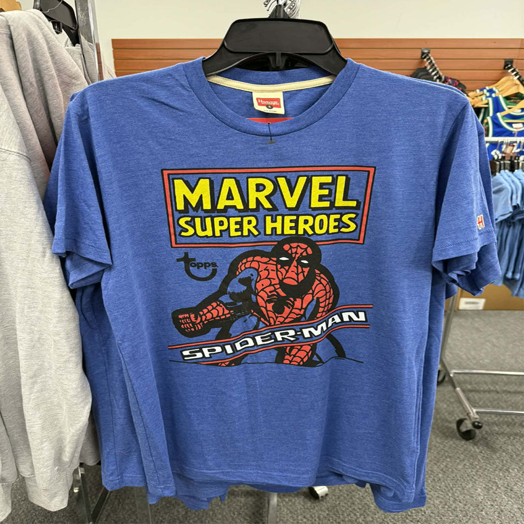 Swing into action with this iconic Topps Marvel Comics Spider-Man Blue T-Shirt. Featuring classic artwork celebrating the legendary web-slinger, this tee combines comfort with comic book nostalgia. Perfect for Marvel fans and collectors alike, the vibrant blue design showcases timeless Spider-Man imagery that never goes out of style. Whether you're heading to the gym, running errands, or showing off your superhero pride, this versatile shirt delivers both quality and character. Wear your fandom with confide
