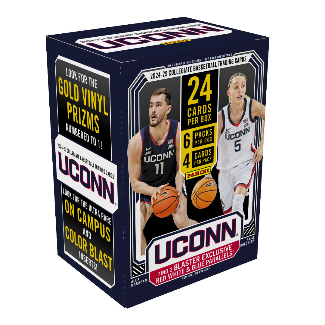 2024-25 Panini NIL UCONN Collegiate Blaster Box
Discover the excitement of college basketball with the 2024-25 Panini NIL UCONN Collegiate Blaster Box. Packed with exclusive NIL cards featuring UConn’s rising stars, this box offers collectors a chance to own unique memorabilia from one of college basketball’s most storied programs. Perfect for fans and collectors alike, each blaster box delivers a thrilling mix of rookie cards, autographs, and special inserts that capture the spirit and talent of UConn’s a