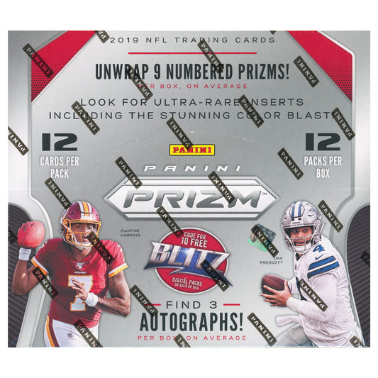 2019 Panini Prizm Football Hobby Box Open up a 2019 Panini Prizm Football Hobby Box and uncover star player cards, exciting inserts, and rare parallels! Get your hands on a box today and experience the thrill of collecting premium football cards.