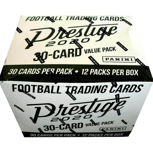 2020 Panini Prestige Football Value Pack Box This 2020 Panini Prestige Football Value Pack Box is the perfect way to kickstart your collection! Enjoy 360 uniquely designed cards, certified authentic by the Panini brand and bring excitement to your collection! Get yours now!