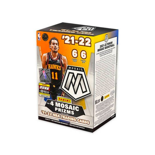 2021-22 Panini Mosaic Basketball Blaster Box Open a 2021-22 Panini Mosaic Basketball Blaster Box and unlock the full potential of your collection with 6 packs of 6 cards, guaranteed 1 premium hit! Enjoy thrilling inserts, rare parallels, and the chance to find autographs of basketball's best current and future stars! Start your collection today!