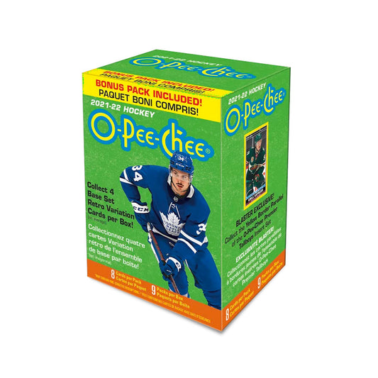 2021-22 Upper Deck O-Pee-Chee Hockey Blaster Box. Experience the thrill of finding your favorite players with the 2021-22 Upper Deck O-Pee-Chee Hockey Blaster Box! It contains 8 cards per pack with a chance to find rare, unique inserts and autographs. Open your box and surprise yourself with the cards you discover!