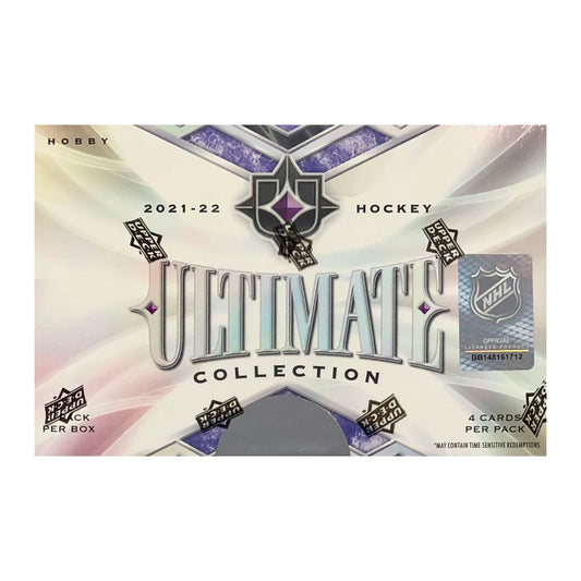 2021-22 Upper Deck Ultimate Collection Hockey Hobby Box Enhance your hockey card collection with the 2021-22 Upper Deck Ultimate Collection Hockey Hobby Box! This box is stacked with an array of autographed cards, rare memorabilia, and sensational inserts that will make any collector’s heart race! Don't miss your chance to get your hands on the ultimate hockey card collection!