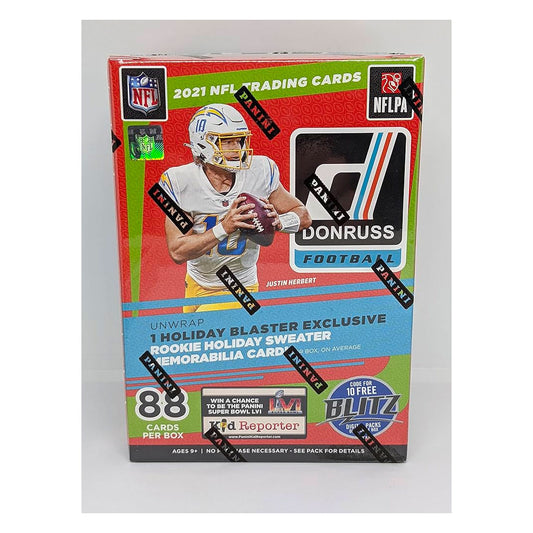 2021 Panini Donruss Football Holiday Blaster Box Add some joy to your football collection with the 2021 Panini Donruss Football Holiday Blaster Box! This limited edition box includes exclusive holiday-themed inserts and a guaranteed autograph or relic card. Don't miss out on the festive fun and the chance to get your hands on highly sought-after cards. Score big with this holiday treat!
