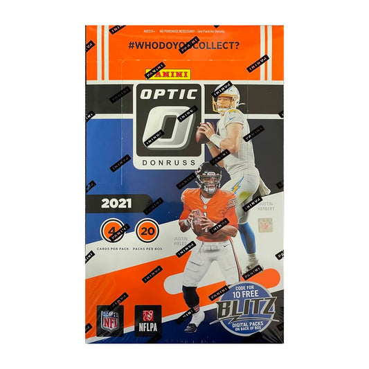 2021 Panini Donruss Optic Football Retail Box Experience the excitement of 2021 Donruss Optic Football! With dazzling visuals and tons of exciting content, this retail box is sure to spark your sports collection. Dive deep into Panini's world-famous player content, and be dazzled by the vivid on-card autographs and the colorful Opti-Chrome designs. Pick up your 2021 Donruss Optic Football Retail Box today, and start your journey to success!