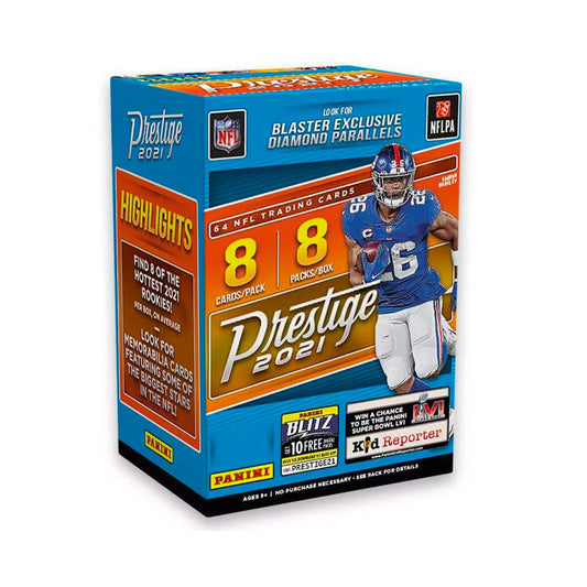 2021 Panini Prestige Football Blaster Box Unleash your love for football with the all-new 2021 Panini Prestige Football Blaster Box! Get your hands on this must-have product and experience the thrill of opening 8 packs with 8 cards each, including exclusive inserts and autographs. Upgrade your collection and elevate your game with the 2021 Prestige Football Blaster Box now!