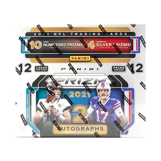2021 Panini Prizm Football Hobby Box Experience the thrill of collecting with a 2021 Panini Prizm Football Hobby Box! Get your hands on 12 packs containing 12 cards each, featuring a diverse mix of colorful base, insert, and autograph cards. Perfect for passionate collectors, this box is sure to deliver unique and exciting cards every time.