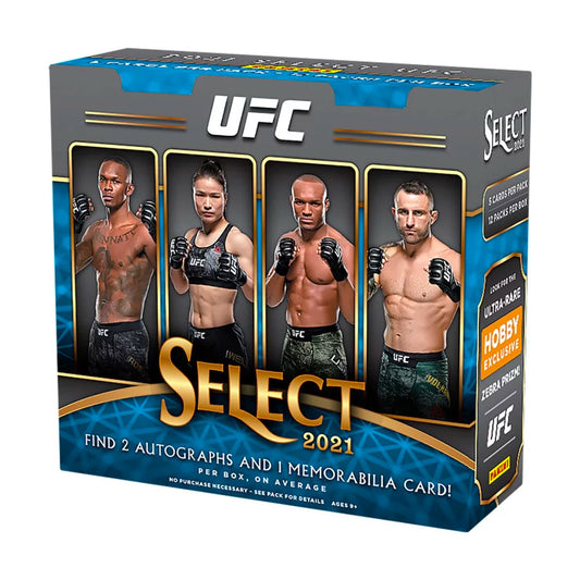 2021 Panini Select UFC Hobby Box Step into the octagon with 2021 Panini Select UFC Hobby Box! This box brings you all the latest UFC stars, plus special inserts like Championship Parallels, Autographs, and Prizm cards! Get closer to each fight with every pack and open yourself to a world of collecting possibilities.
