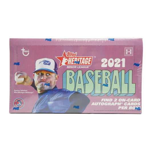 2021 Topps Heritage Minor League Baseball Hobby Box Experience the rich history of Minor League Baseball with 2021 Topps Heritage Minor League Baseball Hobby Box! This exciting product contains 1 autograph and 1 metal parallel per box, with 18 packs and 8 cards per pack. Get ready to collect fresh inserts and autographs from top Minor League Baseball stars with each purchase!
