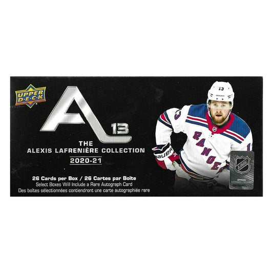 2021 Upper Deck Alexis Lafreniere Collection Box Unlock the must-have hockey cards of the year with the 2021 Upper Deck Alexis Lafreniere Collection Box! Get a guaranteed Alexis Lafreniere card, plus an extra memorabilia insert card in every box. Experience the thrill of discovering rare cards and building your collection now!