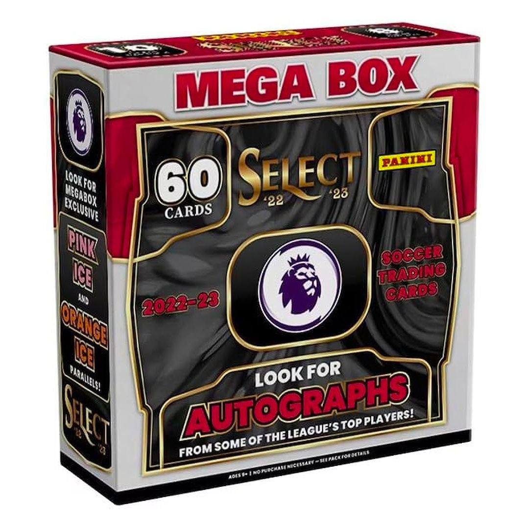 Experience the most extensive selection of 2022-23 Panini Select English Premier League Soccer cards ever with the Mega Box! Get 60 cards, featuring sensational soccer superstars from the Premier League. Collect your favorite players and enjoy the thrill of the hunt!