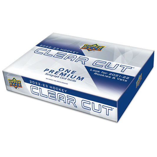 Experience the thrill of opening a 2022-23 Upper Deck Clear Cut Hockey Hobby Box! Each box contains unique, autographed cards of your favorite players. Build your collection and add valuable cards to your set. Don't miss out on the excitement of this exclusive hobby box.