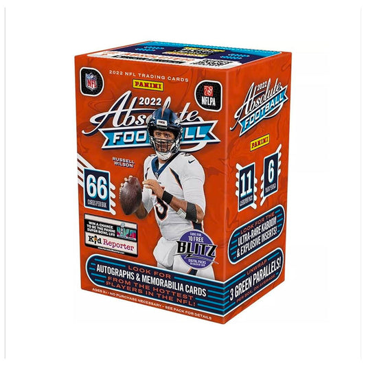 2022 Panini Absolute Football Blaster Box Loaded with 6 packs of 11 cards each, the 2022 Panini Absolute Football Blaster Box is packed with potential excitement! You could get exclusive inserts, exciting autographs, and top rookie cards from this year's class. Experience the thrill of the chase today!
