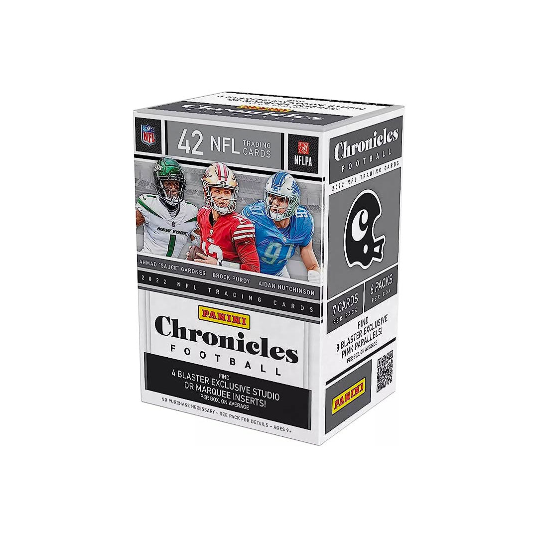 2022 Panini Chronicles Football Blaster Box Discover the thrill of opening 2022 Panini Chronicles Football Blaster Box! With 6 packs of 2022 Panini NFL Chronicles cards, you'll get 4 exclusive parallels in each box! Feel the excitement of the hunt and get your favorite players in premium cards!