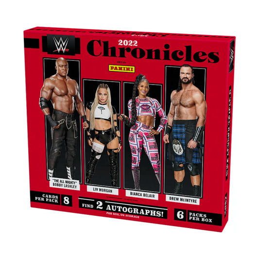2022 Panini Chronicles WWE Hobby Box Experience the thrill of pulling rare cards from the 2022 Panini Chronicles WWE Hobby Box! This box contains 6 packs of 8 cards, each potentially featuring top superstars like AJ Styles and Sasha Banks. Start building your collection of autograph and relic cards now!