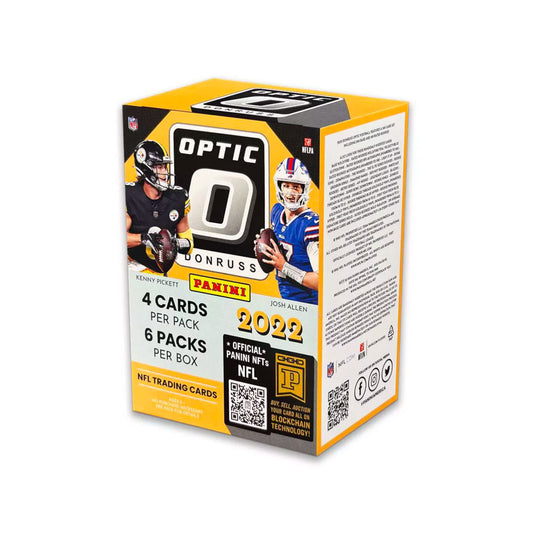 2022 Panini Donruss Optic Football Blaster Box This 2022 Panini Donruss Optic Football Blaster Box will elevate your collection! It features an exciting 110-card base set, three parallels per card, and one Autograph or Memorabilia card per box. Get ready to find the next big card to add to your collection!