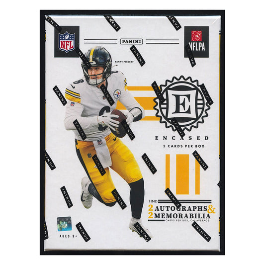 2022 Panini Encased Football Hobby Box Introducing the 2022 Panini Encased Football Hobby Box, overflowing with amazing content! This box contains 2 autographed cards, 1 parallel, 2 memorabilia card, and a one additional card, guaranteeing an unforgettable experience. Each card is crafted with premium materials, bringing your favorite NFL stars to life. Open yours today to feel the power of 2022 Encased Football!