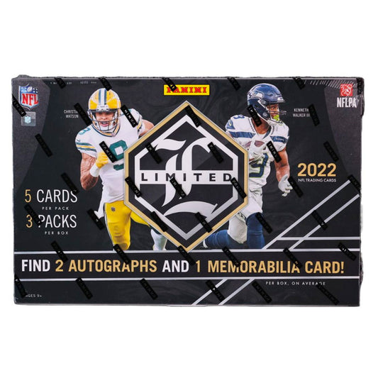2022 Panini Limited Football Hobby Box Take your football game to the next level with the 2022 Panini Limited Football Hobby Box! Experience the thrill of building a collection with 5 cards per pack, 2 autographed card, and 1 memorabilia card guaranteed. Get exclusive limited-edition cards you can't find anywhere else. Get collecting today!