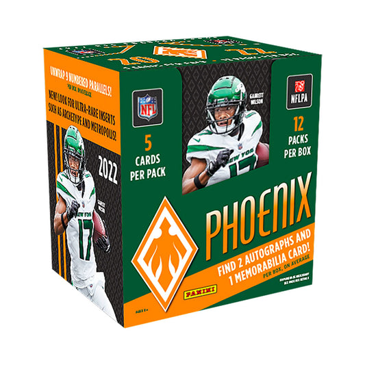 2022 Panini Phoenix Football Hobby Box Delight in the thrill of the competition with a 2022 Panini Phoenix Football Hobby Box! Open the box to find eight packs of eight cards each, where you may find rare autographs and exclusive rookie cards. Collect the full set and become an all-star fan!