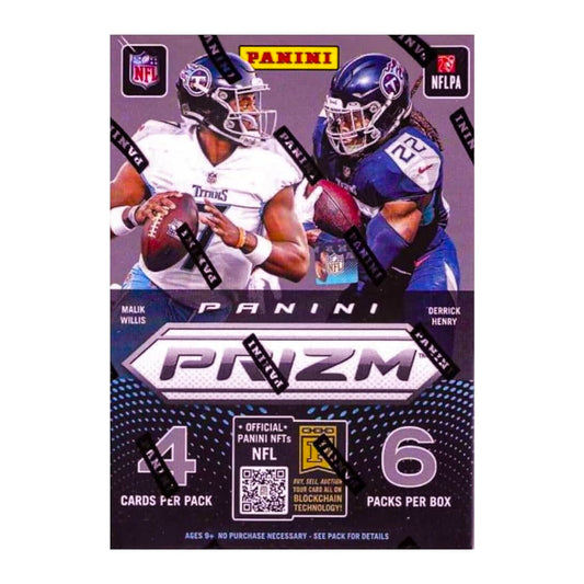 2022 Panini Prizm Football Blaster Box Introducing the highly anticipated 2022 Panini Prizm Football Blaster Box! Featuring exclusive cards and inserts, this box is a must-have for any football collector. With a sleek design and exceptional quality, this box will elevate your collection to the next level. Order now and experience the thrill of Panini Prizm Football!